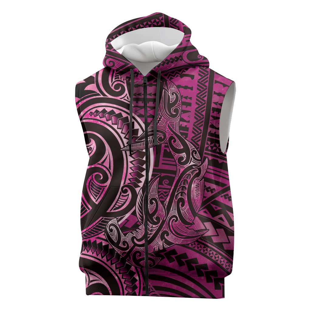 New Zealand Hammerhead Shark Sleeveless Zip Hoodie Maori Haehae Mangopare Pink - Polynesian Pride
