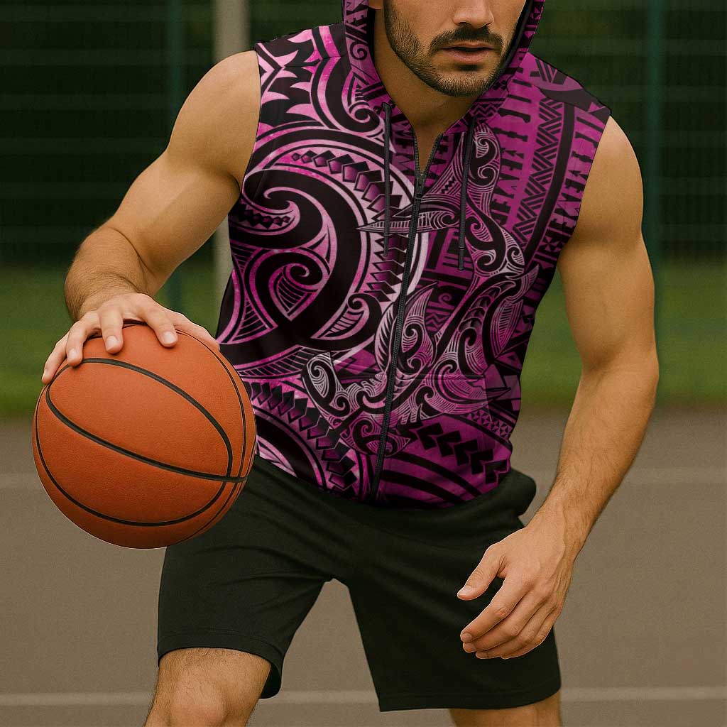 New Zealand Hammerhead Shark Sleeveless Zip Hoodie Maori Haehae Mangopare Pink - Polynesian Pride