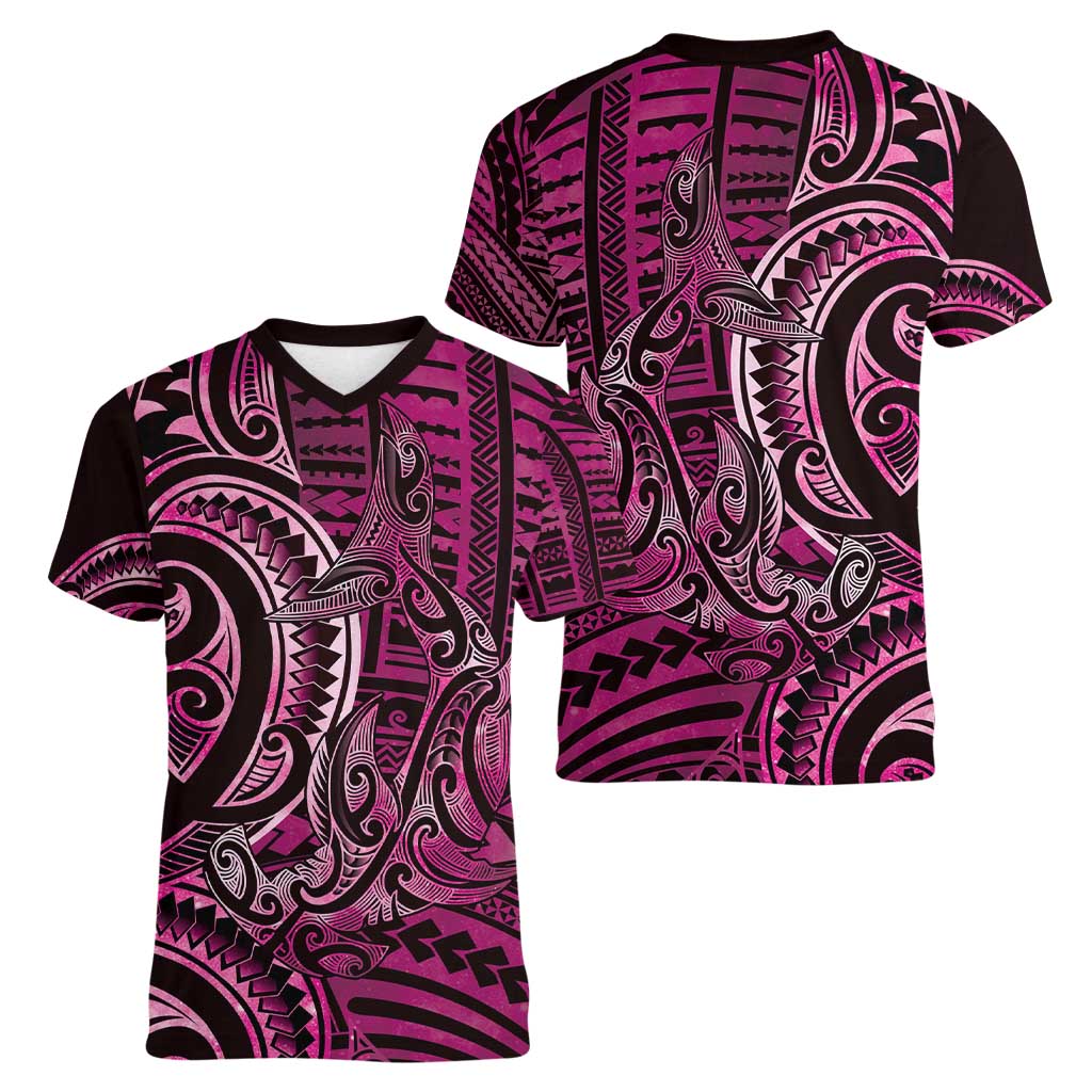 New Zealand Hammerhead Shark Women V-Neck T-Shirt Maori Haehae Mangopare Pink LT14 - Polynesian Pride