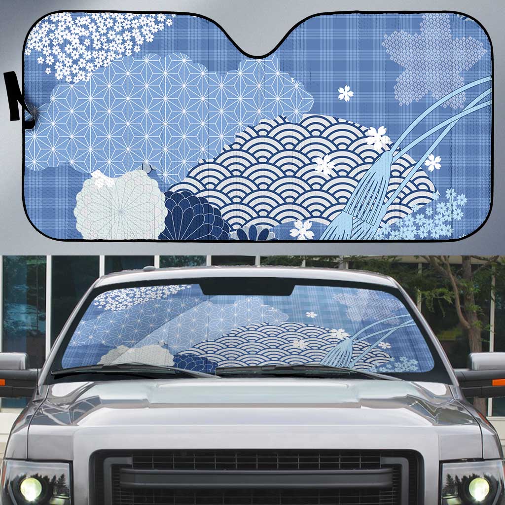 Blue Palaka Japanese Patterns Auto Sun Shade Asanoha Seigaiha Sakura Motif LT14 Blue - Polynesian Pride