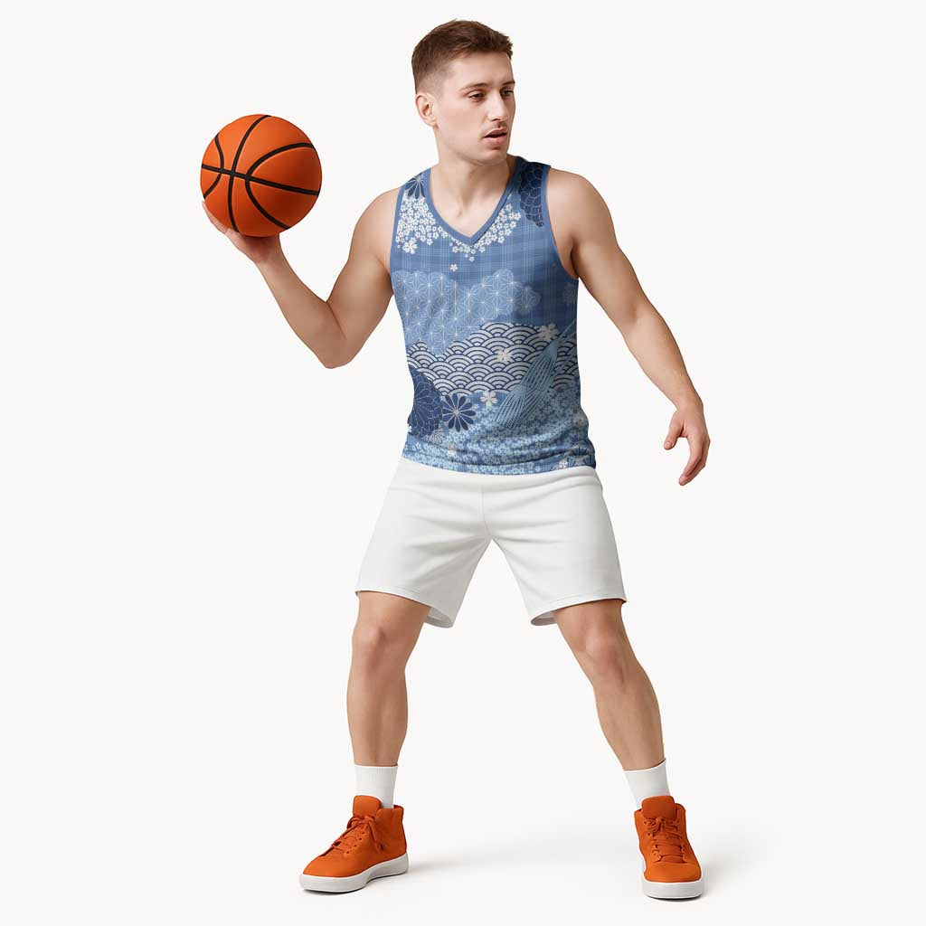 Blue Palaka Japanese Patterns Basketball Jersey Asanoha Seigaiha Sakura Motif - Polynesian Pride