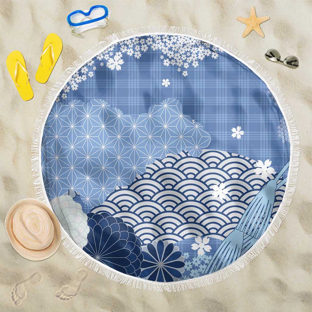 Blue Palaka Japanese Patterns Beach Blanket Asanoha Seigaiha Sakura Motif LT14 One Size 150cm Blue - Polynesian Pride