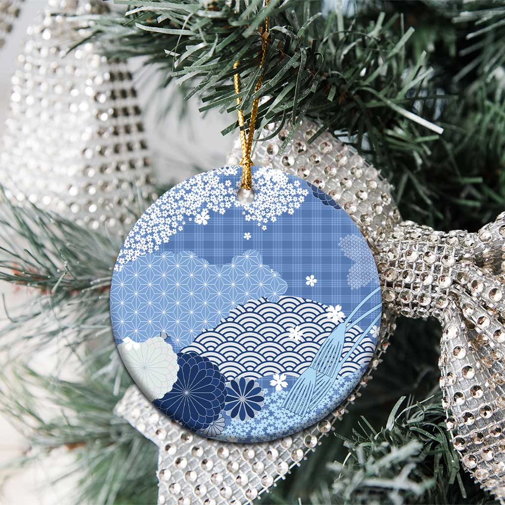 Blue Palaka Japanese Patterns Ceramic Ornament Asanoha Seigaiha Sakura Motif - Polynesian Pride