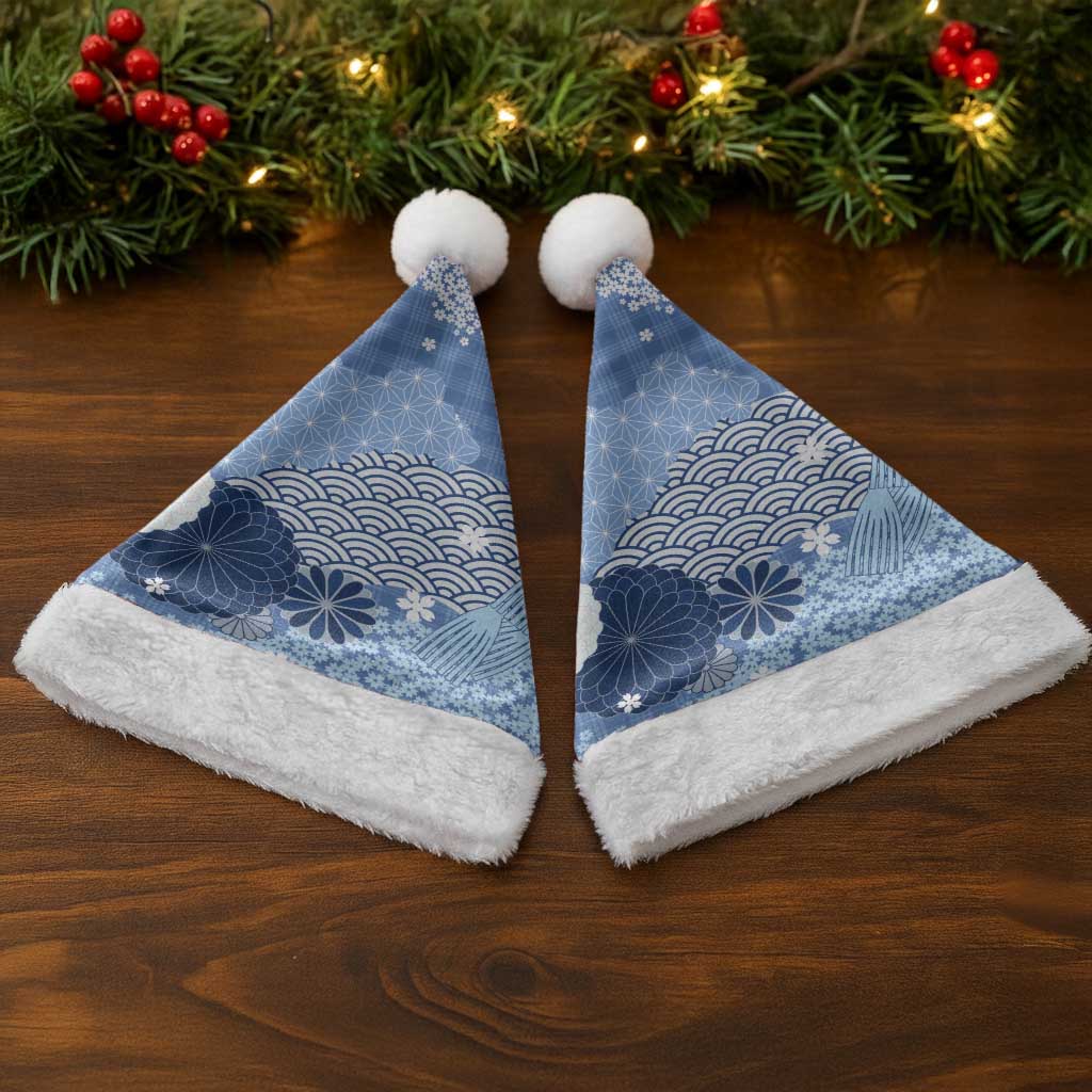 Blue Palaka Japanese Patterns Christmas Santa Hat Asanoha Seigaiha Sakura Motif - Polynesian Pride