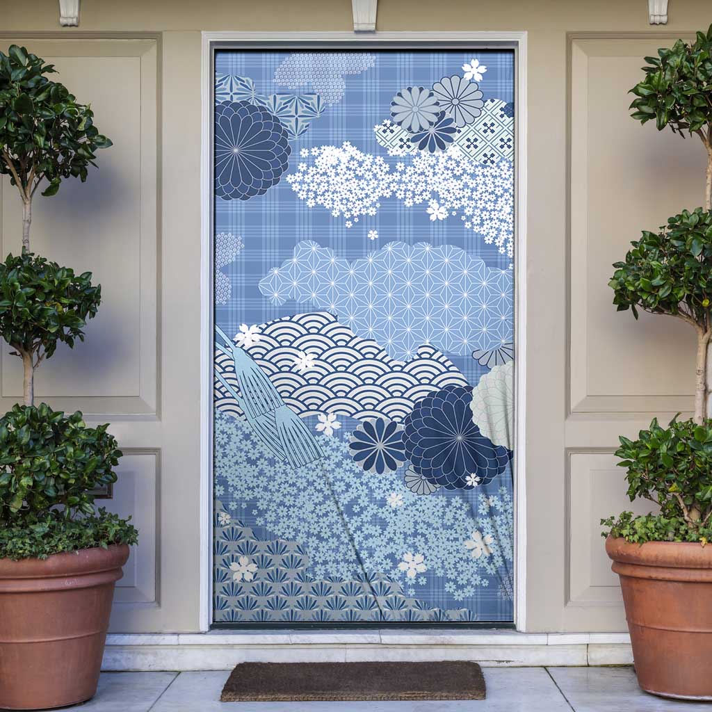 Blue Palaka Japanese Patterns Door Cover Asanoha Seigaiha Sakura Motif LT14 Blue - Polynesian Pride