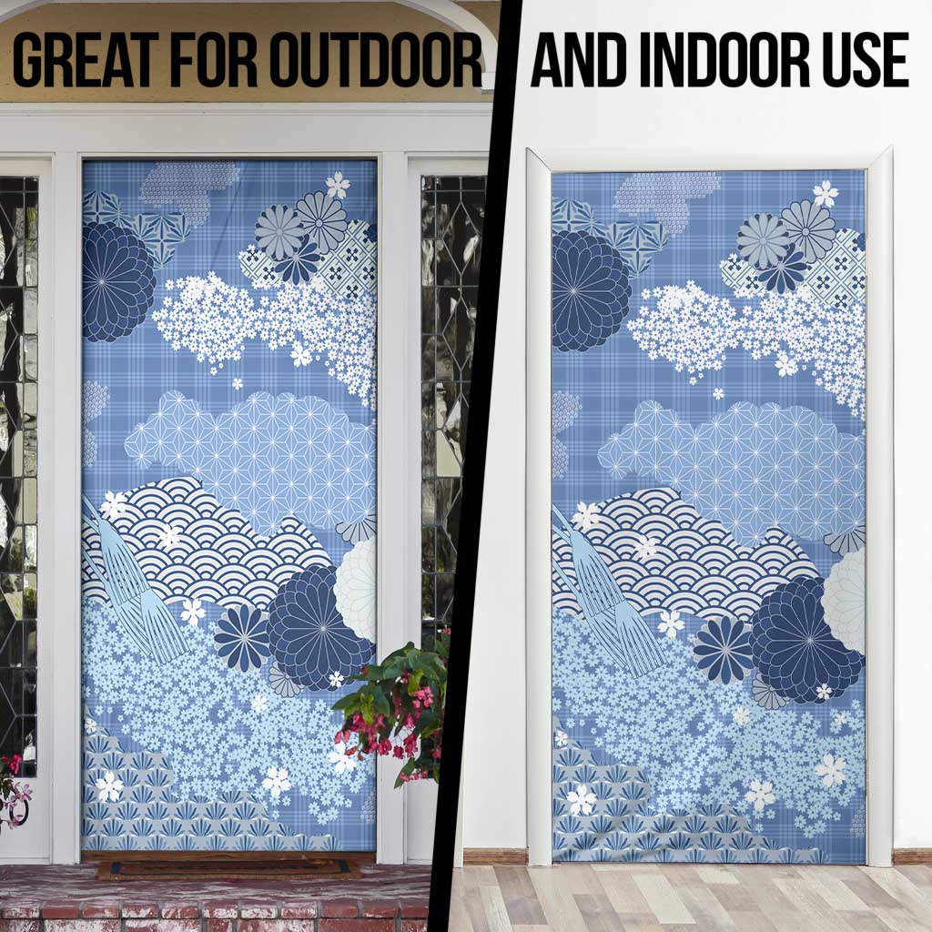 Blue Palaka Japanese Patterns Door Cover Asanoha Seigaiha Sakura Motif - Polynesian Pride