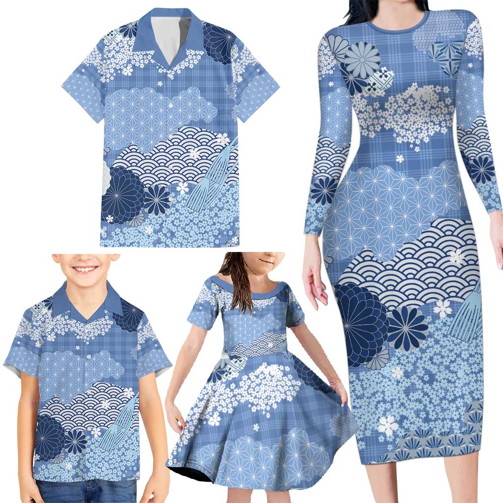 Blue Palaka Japanese Patterns Family Matching Long Sleeve Bodycon Dress and Hawaiian Shirt Asanoha Seigaiha Sakura Motif LT14 - Polynesian Pride