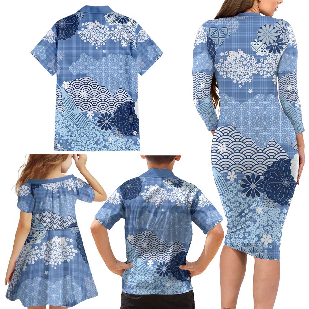 Blue Palaka Japanese Patterns Family Matching Long Sleeve Bodycon Dress and Hawaiian Shirt Asanoha Seigaiha Sakura Motif LT14 - Polynesian Pride