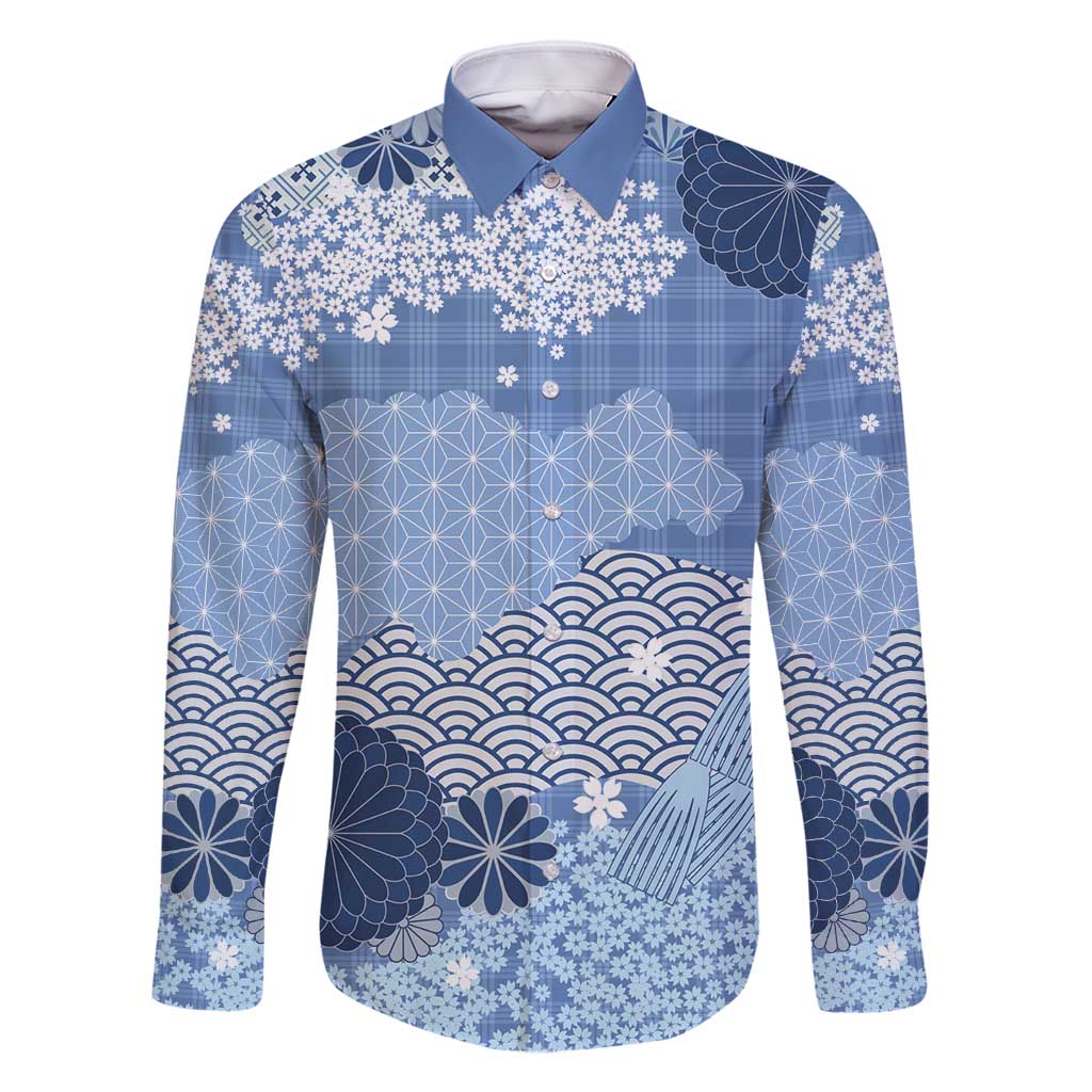 Blue Palaka Japanese Patterns Family Matching Long Sleeve Bodycon Dress and Hawaiian Shirt Asanoha Seigaiha Sakura Motif LT14 Dad's Shirt - Long Sleeve Blue - Polynesian Pride
