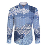Blue Palaka Japanese Patterns Family Matching Long Sleeve Bodycon Dress and Hawaiian Shirt Asanoha Seigaiha Sakura Motif LT14 Dad's Shirt - Long Sleeve Blue - Polynesian Pride