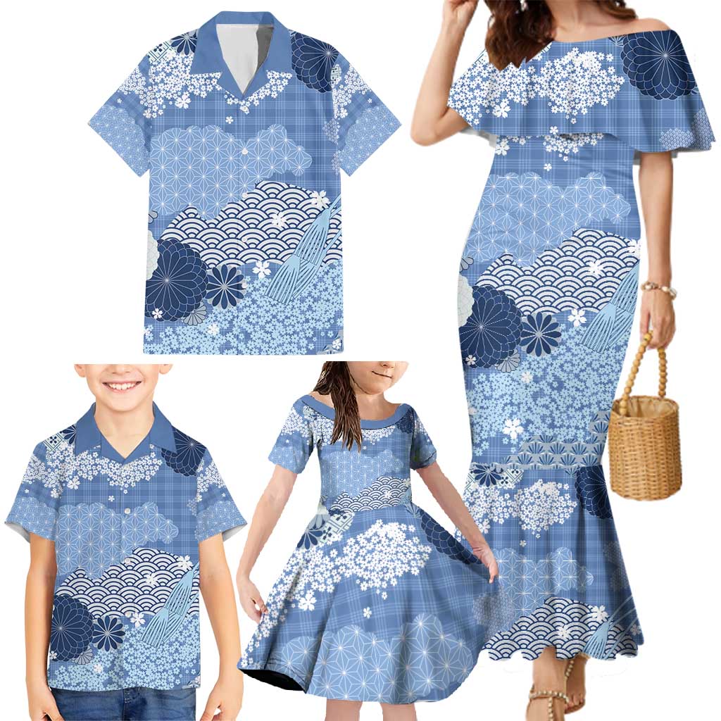 Blue Palaka Japanese Patterns Family Matching Mermaid Dress and Hawaiian Shirt Asanoha Seigaiha Sakura Motif LT14 - Polynesian Pride