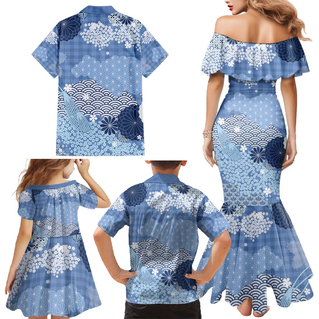 Blue Palaka Japanese Patterns Family Matching Mermaid Dress and Hawaiian Shirt Asanoha Seigaiha Sakura Motif LT14 - Polynesian Pride
