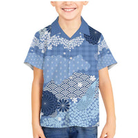 Blue Palaka Japanese Patterns Family Matching Mermaid Dress and Hawaiian Shirt Asanoha Seigaiha Sakura Motif LT14 Son's Shirt Blue - Polynesian Pride