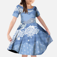 Blue Palaka Japanese Patterns Family Matching Off The Shoulder Long Sleeve Dress and Hawaiian Shirt Asanoha Seigaiha Sakura Motif LT14 Daughter's Dress Blue - Polynesian Pride