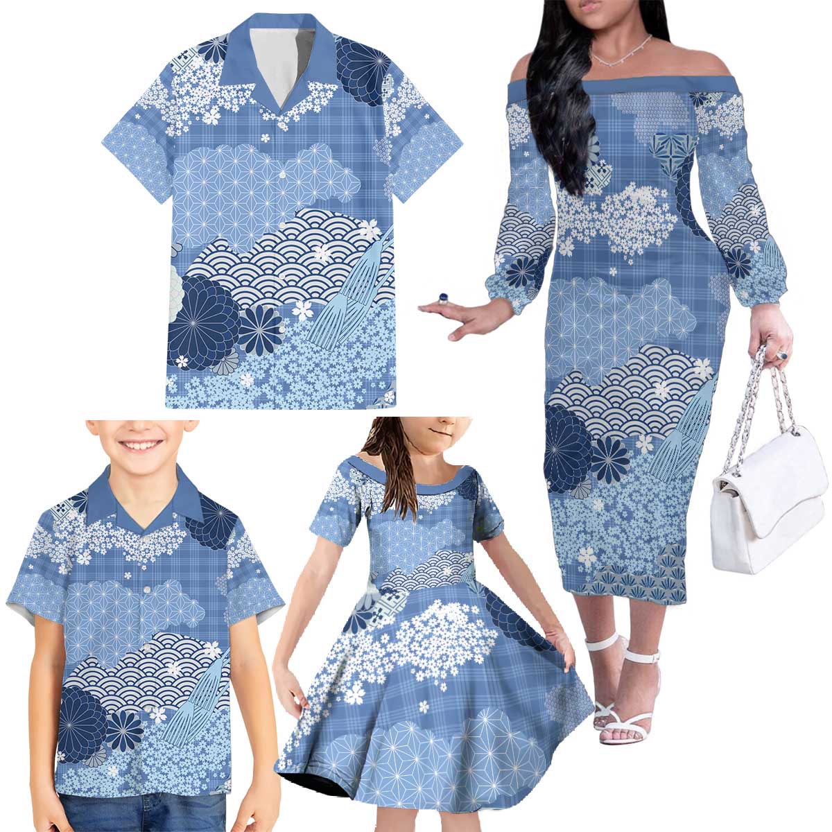 Blue Palaka Japanese Patterns Family Matching Off The Shoulder Long Sleeve Dress and Hawaiian Shirt Asanoha Seigaiha Sakura Motif LT14 - Polynesian Pride