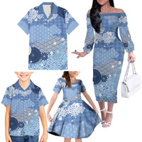 Blue Palaka Japanese Patterns Family Matching Off The Shoulder Long Sleeve Dress and Hawaiian Shirt Asanoha Seigaiha Sakura Motif LT14 - Polynesian Pride