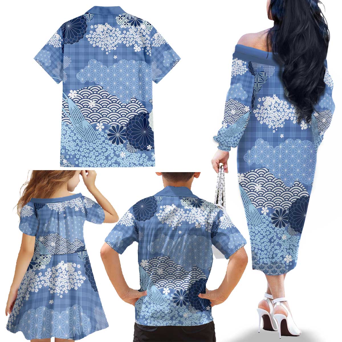 Blue Palaka Japanese Patterns Family Matching Off The Shoulder Long Sleeve Dress and Hawaiian Shirt Asanoha Seigaiha Sakura Motif LT14 - Polynesian Pride