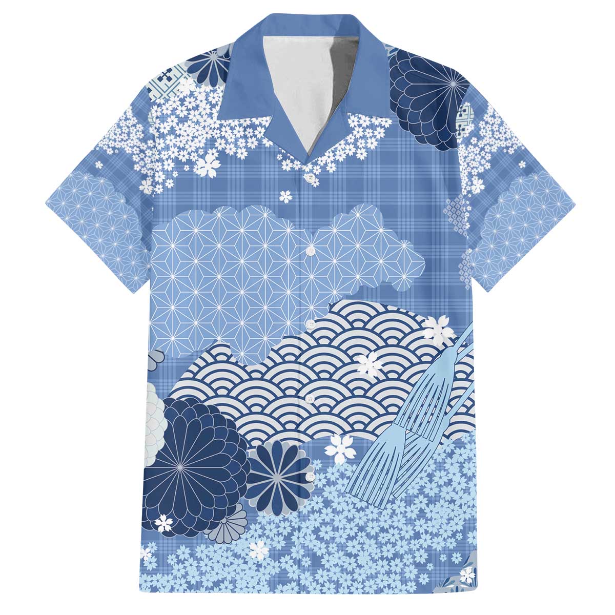 Blue Palaka Japanese Patterns Family Matching Off The Shoulder Long Sleeve Dress and Hawaiian Shirt Asanoha Seigaiha Sakura Motif LT14 Dad's Shirt - Short Sleeve Blue - Polynesian Pride