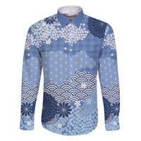 Blue Palaka Japanese Patterns Family Matching Off The Shoulder Long Sleeve Dress and Hawaiian Shirt Asanoha Seigaiha Sakura Motif LT14 Dad's Shirt - Long Sleeve Blue - Polynesian Pride