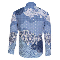 Blue Palaka Japanese Patterns Family Matching Off The Shoulder Long Sleeve Dress and Hawaiian Shirt Asanoha Seigaiha Sakura Motif LT14 - Polynesian Pride