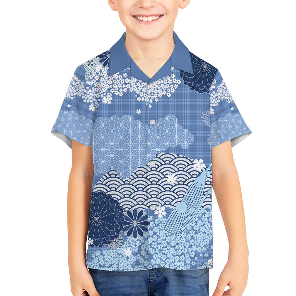 Blue Palaka Japanese Patterns Family Matching Off Shoulder Maxi Dress and Hawaiian Shirt Asanoha Seigaiha Sakura Motif LT14 Son's Shirt Blue - Polynesian Pride