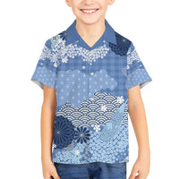 Blue Palaka Japanese Patterns Family Matching Off Shoulder Maxi Dress and Hawaiian Shirt Asanoha Seigaiha Sakura Motif LT14 Son's Shirt Blue - Polynesian Pride