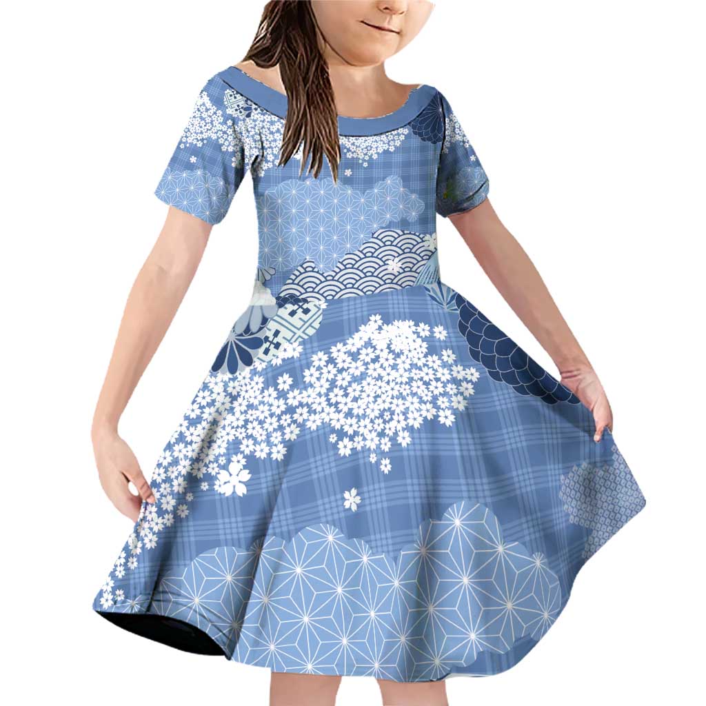 Blue Palaka Japanese Patterns Family Matching Off Shoulder Short Dress and Hawaiian Shirt Asanoha Seigaiha Sakura Motif LT14 Daughter's Dress Blue - Polynesian Pride