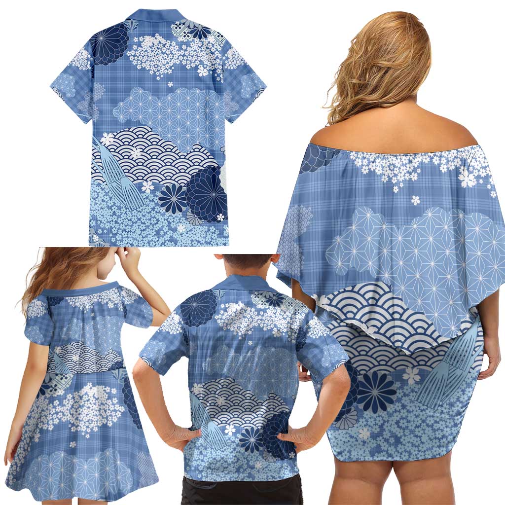 Blue Palaka Japanese Patterns Family Matching Off Shoulder Short Dress and Hawaiian Shirt Asanoha Seigaiha Sakura Motif LT14 - Polynesian Pride