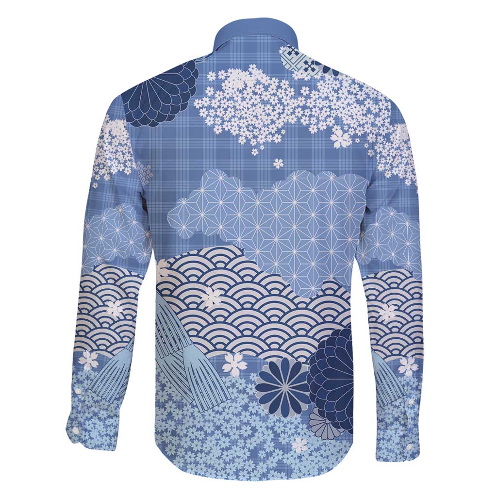 Blue Palaka Japanese Patterns Family Matching Off Shoulder Short Dress and Hawaiian Shirt Asanoha Seigaiha Sakura Motif LT14 - Polynesian Pride