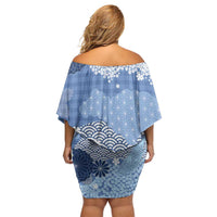 Blue Palaka Japanese Patterns Family Matching Off Shoulder Short Dress and Hawaiian Shirt Asanoha Seigaiha Sakura Motif LT14 - Polynesian Pride