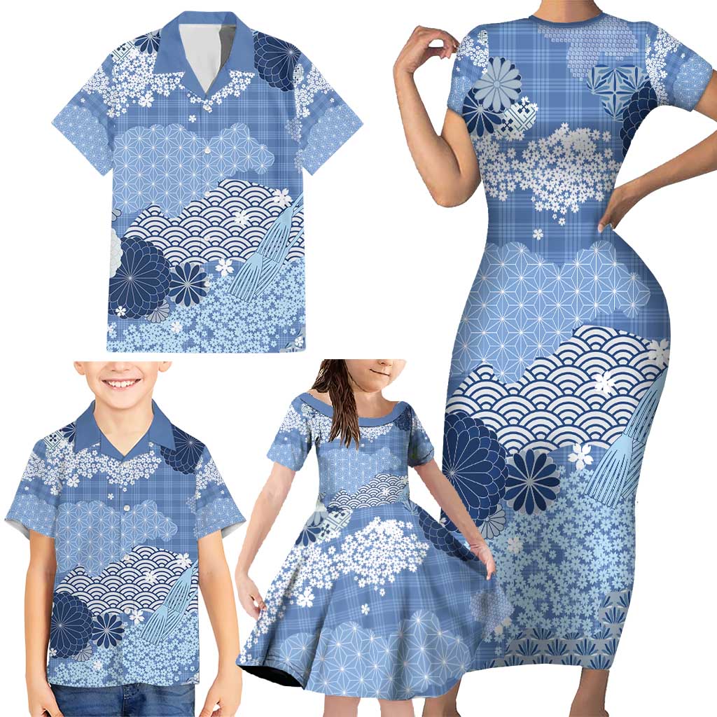 Blue Palaka Japanese Patterns Family Matching Short Sleeve Bodycon Dress and Hawaiian Shirt Asanoha Seigaiha Sakura Motif LT14 - Polynesian Pride