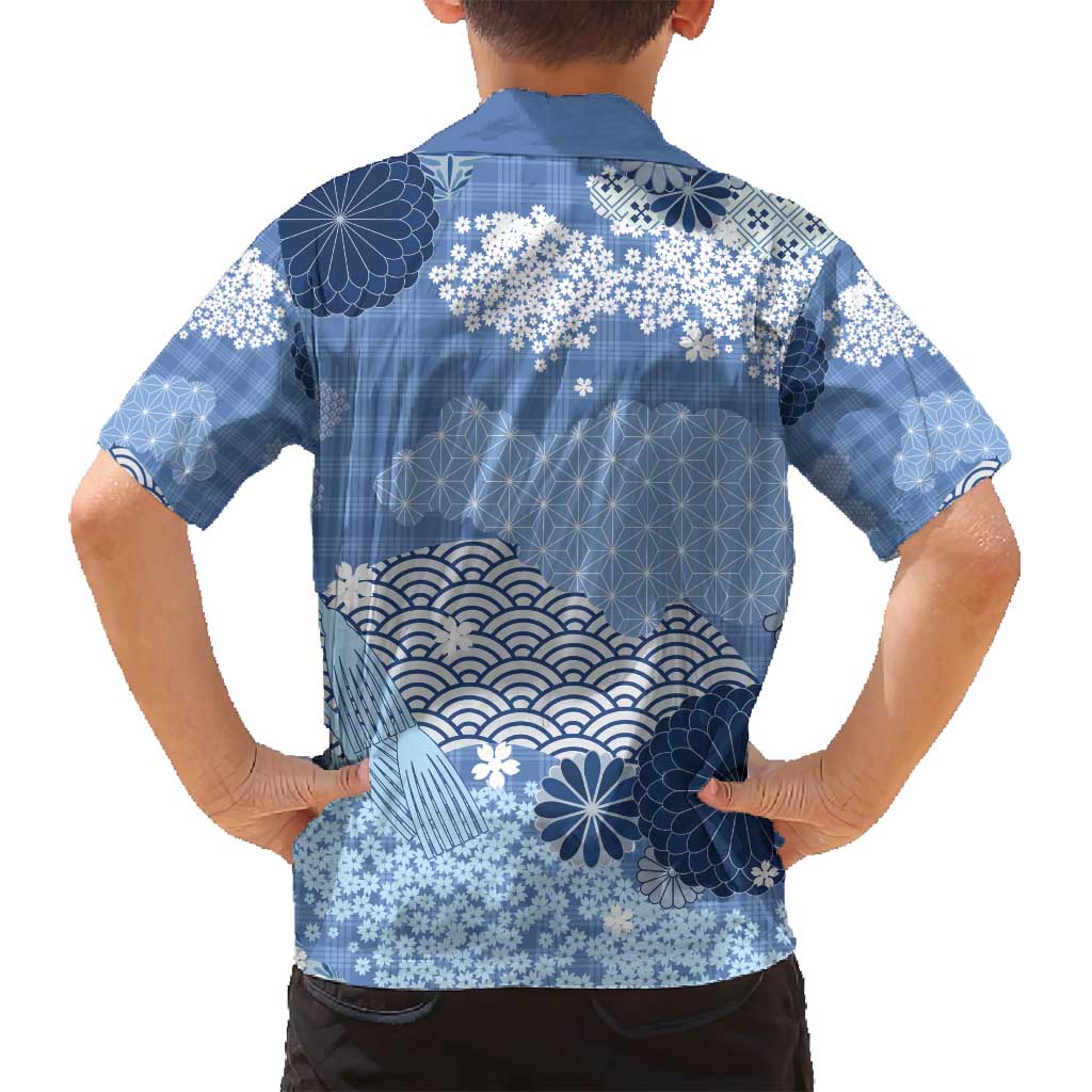 Blue Palaka Japanese Patterns Family Matching Summer Maxi Dress and Hawaiian Shirt Asanoha Seigaiha Sakura Motif LT14 - Polynesian Pride