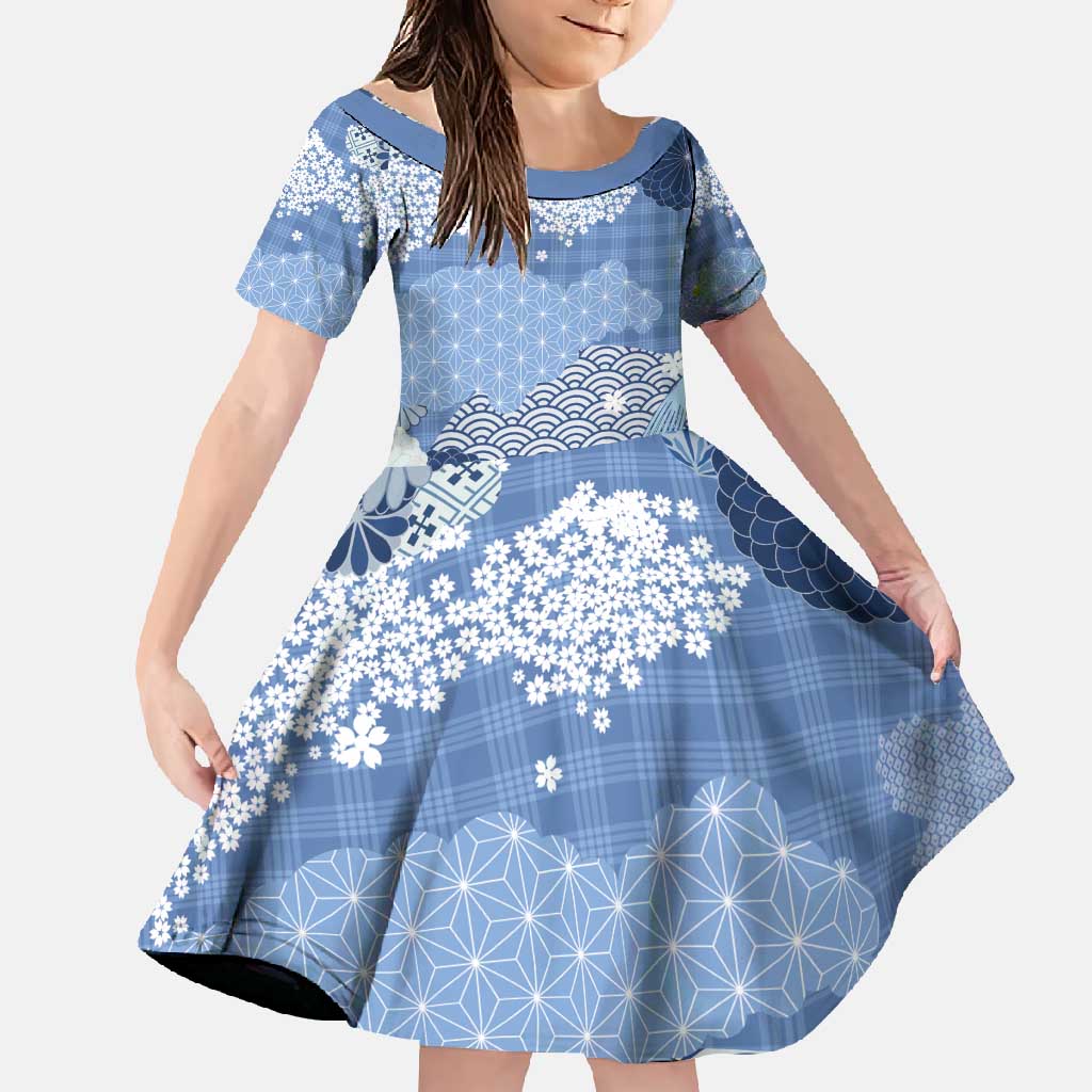 Blue Palaka Japanese Patterns Family Matching Summer Maxi Dress and Hawaiian Shirt Asanoha Seigaiha Sakura Motif LT14 Daughter's Dress Blue - Polynesian Pride
