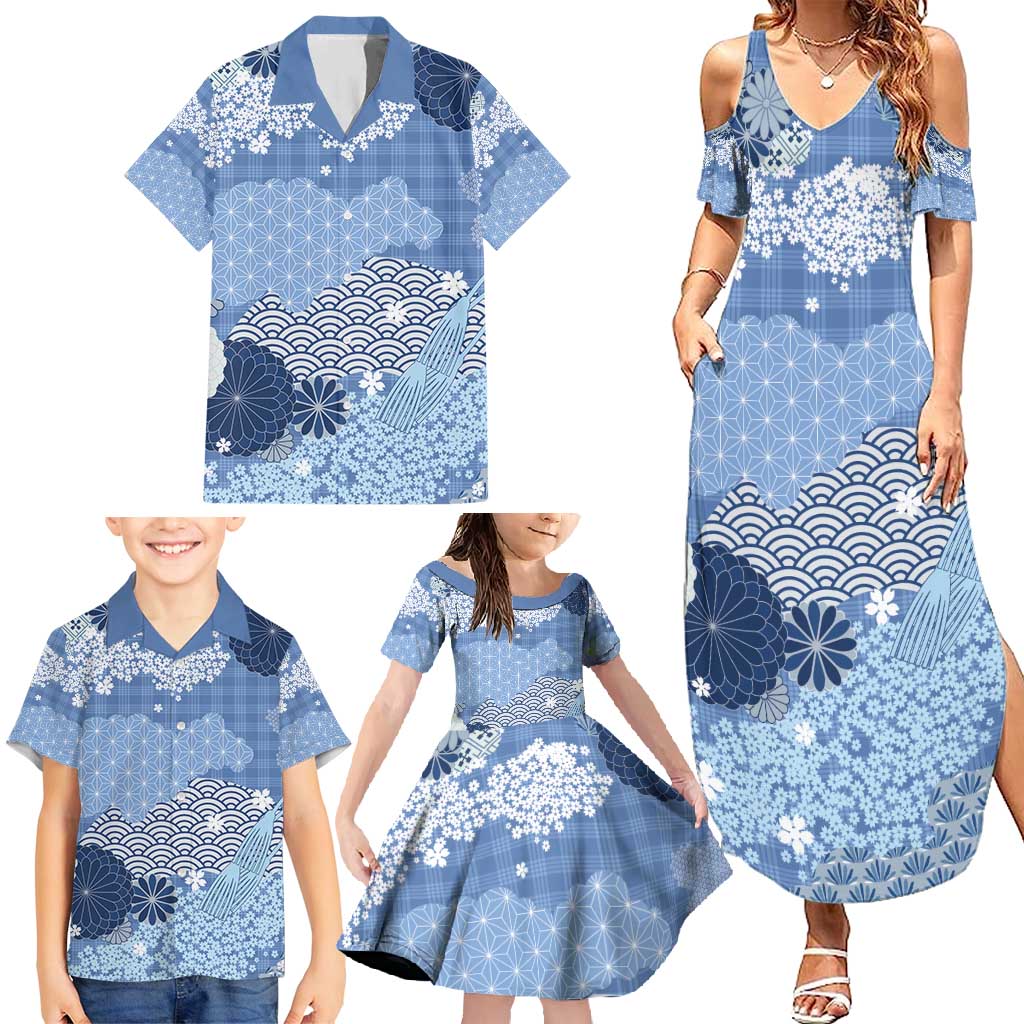 Blue Palaka Japanese Patterns Family Matching Summer Maxi Dress and Hawaiian Shirt Asanoha Seigaiha Sakura Motif LT14 - Polynesian Pride