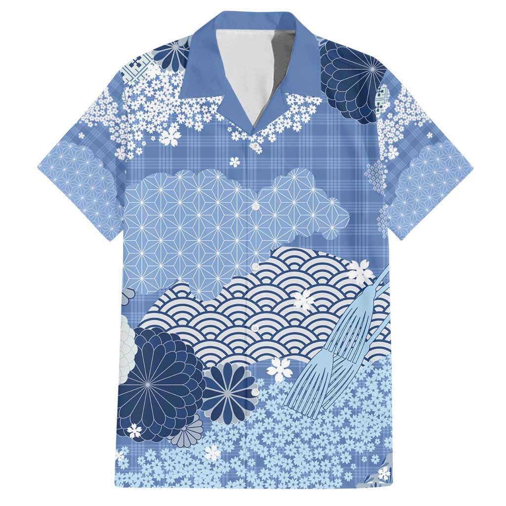 Blue Palaka Japanese Patterns Family Matching Summer Maxi Dress and Hawaiian Shirt Asanoha Seigaiha Sakura Motif LT14 Dad's Shirt - Short Sleeve Blue - Polynesian Pride