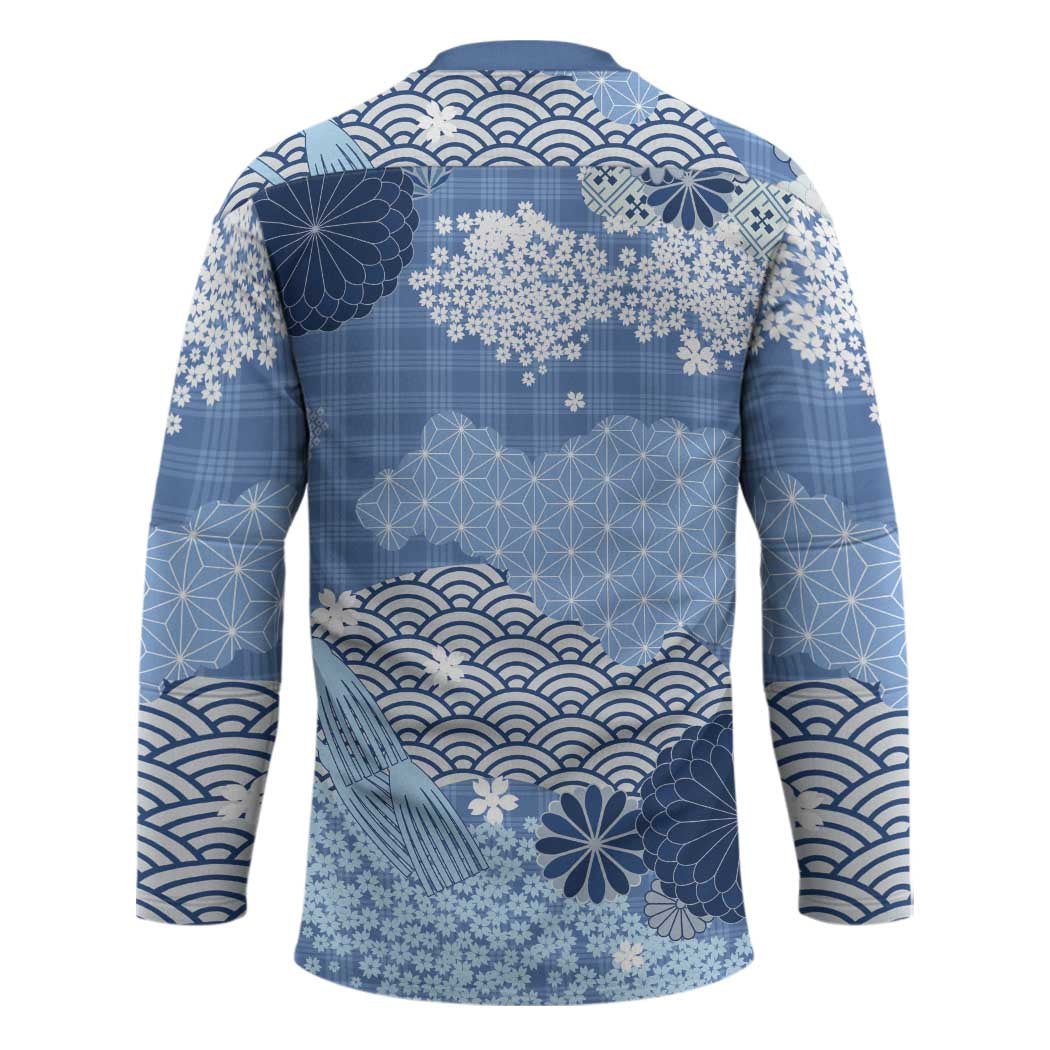 Blue Palaka Japanese Patterns Hockey Jersey Asanoha Seigaiha Sakura Motif - Polynesian Pride
