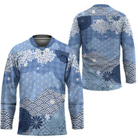 Blue Palaka Japanese Patterns Hockey Jersey Asanoha Seigaiha Sakura Motif - Polynesian Pride