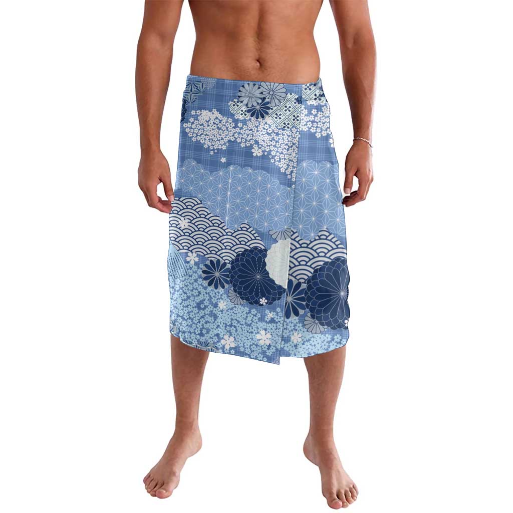Blue Palaka Japanese Patterns Lavalava Asanoha Seigaiha Sakura Motif LT14 Blue - Polynesian Pride