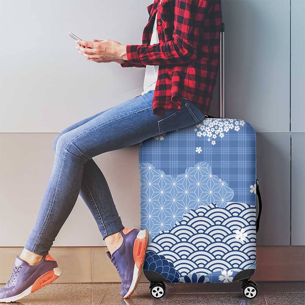 Blue Palaka Japanese Patterns Luggage Cover Asanoha Seigaiha Sakura Motif - Polynesian Pride