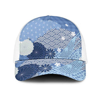 Blue Japanese Traditional Motifs Mesh Trucker Cap Palaka With Asanoha Seigaiha Sakura - Polynesian Pride