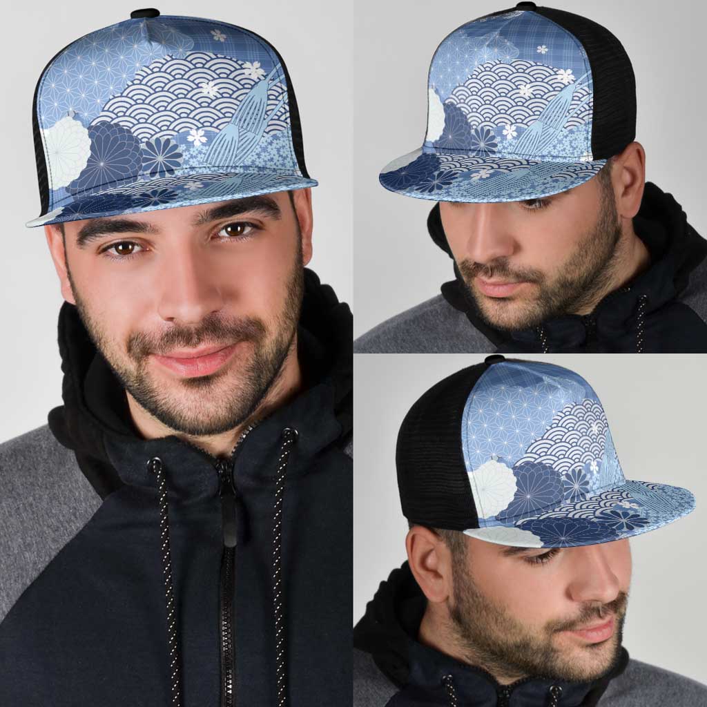 Blue Japanese Traditional Motifs Mesh Trucker Cap Palaka With Asanoha Seigaiha Sakura - Polynesian Pride