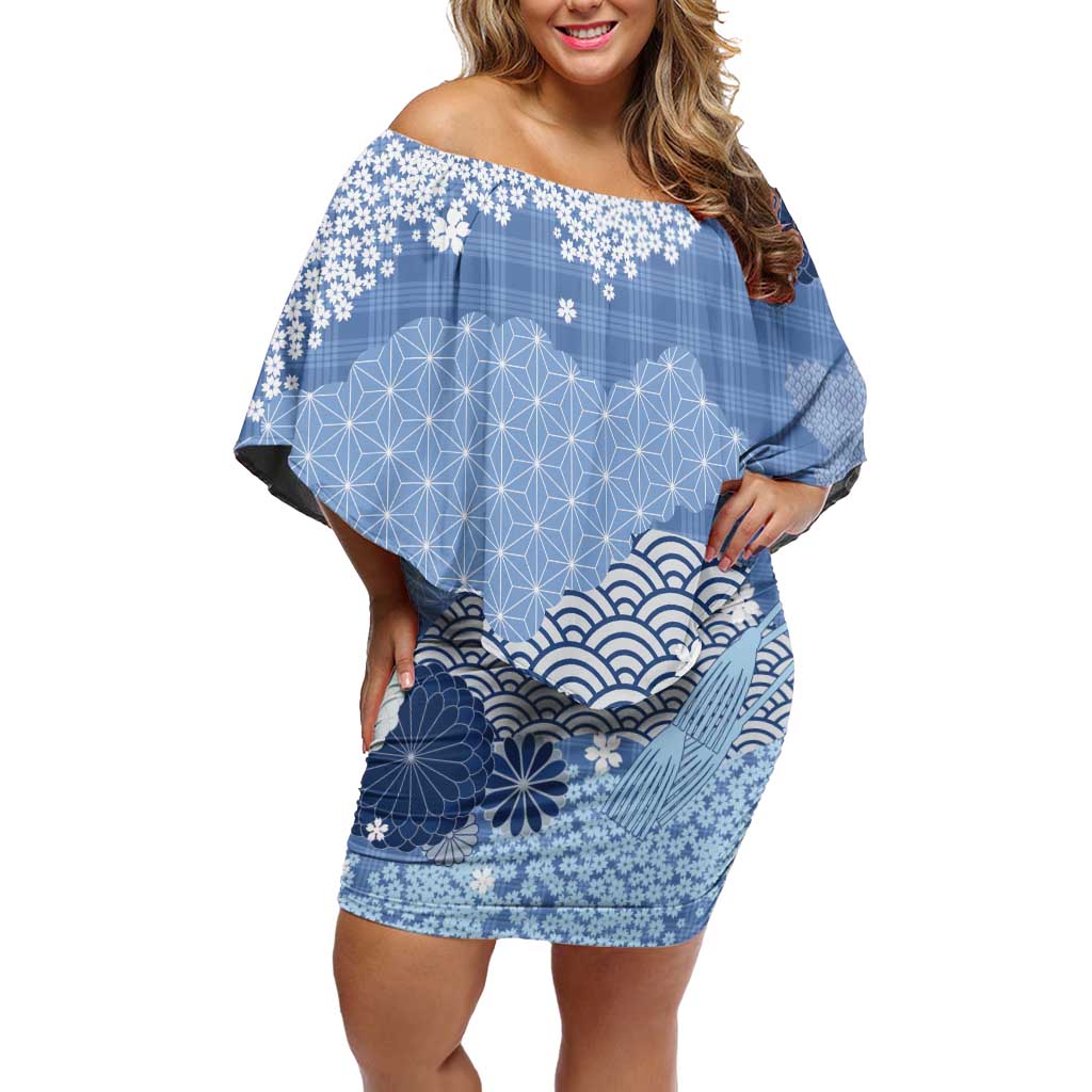 Blue Palaka Japanese Patterns Off Shoulder Short Dress Asanoha Seigaiha Sakura Motif - Polynesian Pride