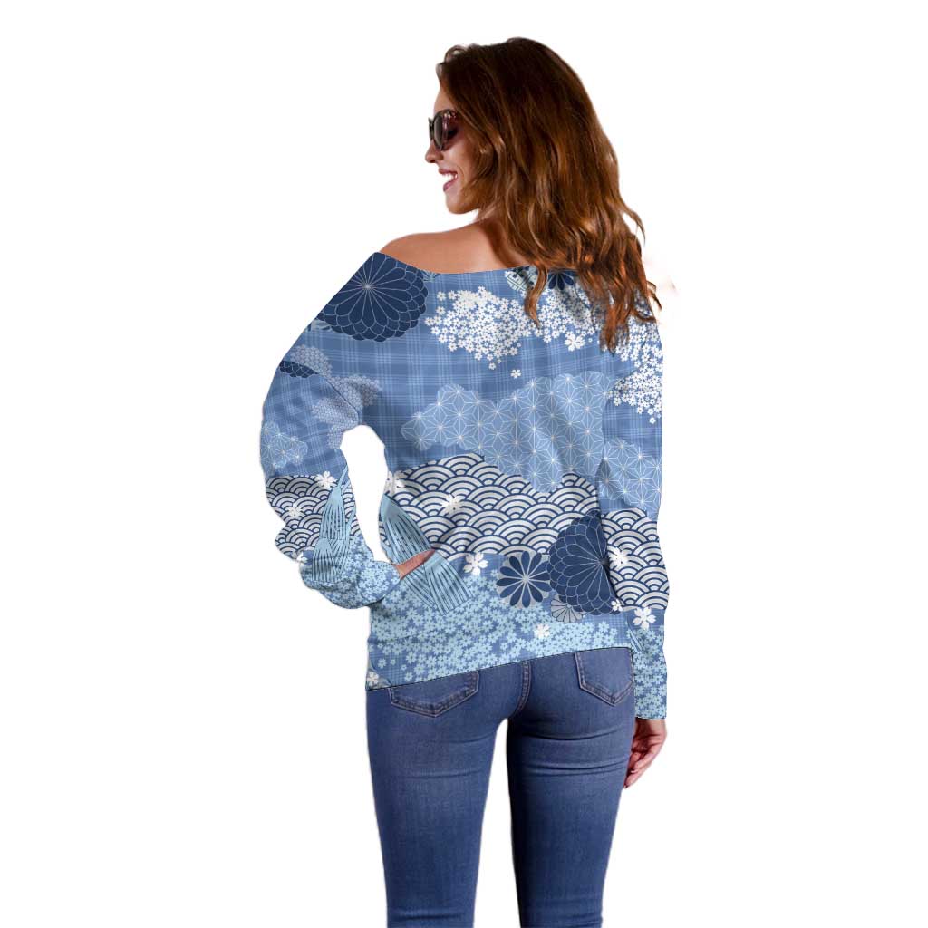 Blue Palaka Japanese Patterns Off Shoulder Sweater Asanoha Seigaiha Sakura Motif - Polynesian Pride