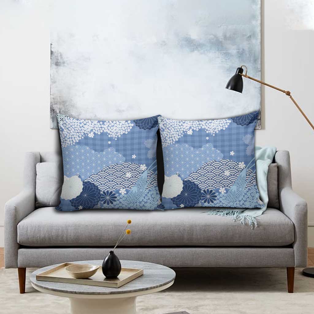 Blue Palaka Japanese Patterns Pillow Cover Asanoha Seigaiha Sakura Motif - Polynesian Pride