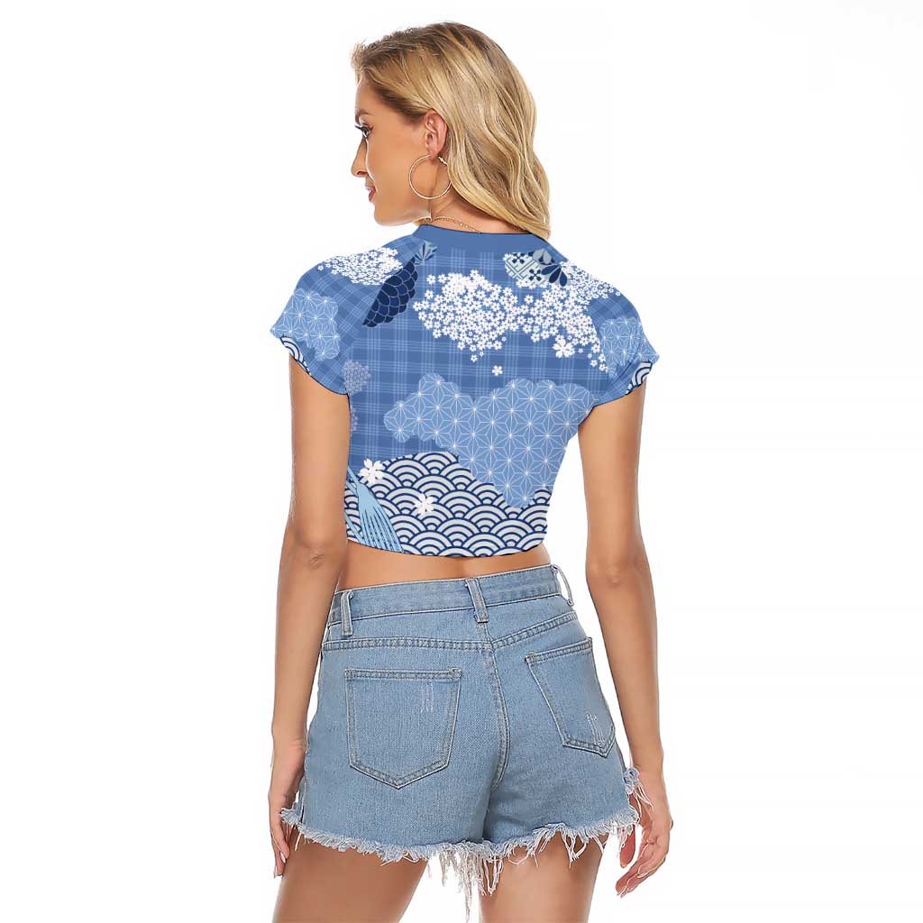 Blue Palaka Japanese Patterns Raglan Cropped T Shirt Asanoha Seigaiha Sakura Motif LT14 - Polynesian Pride