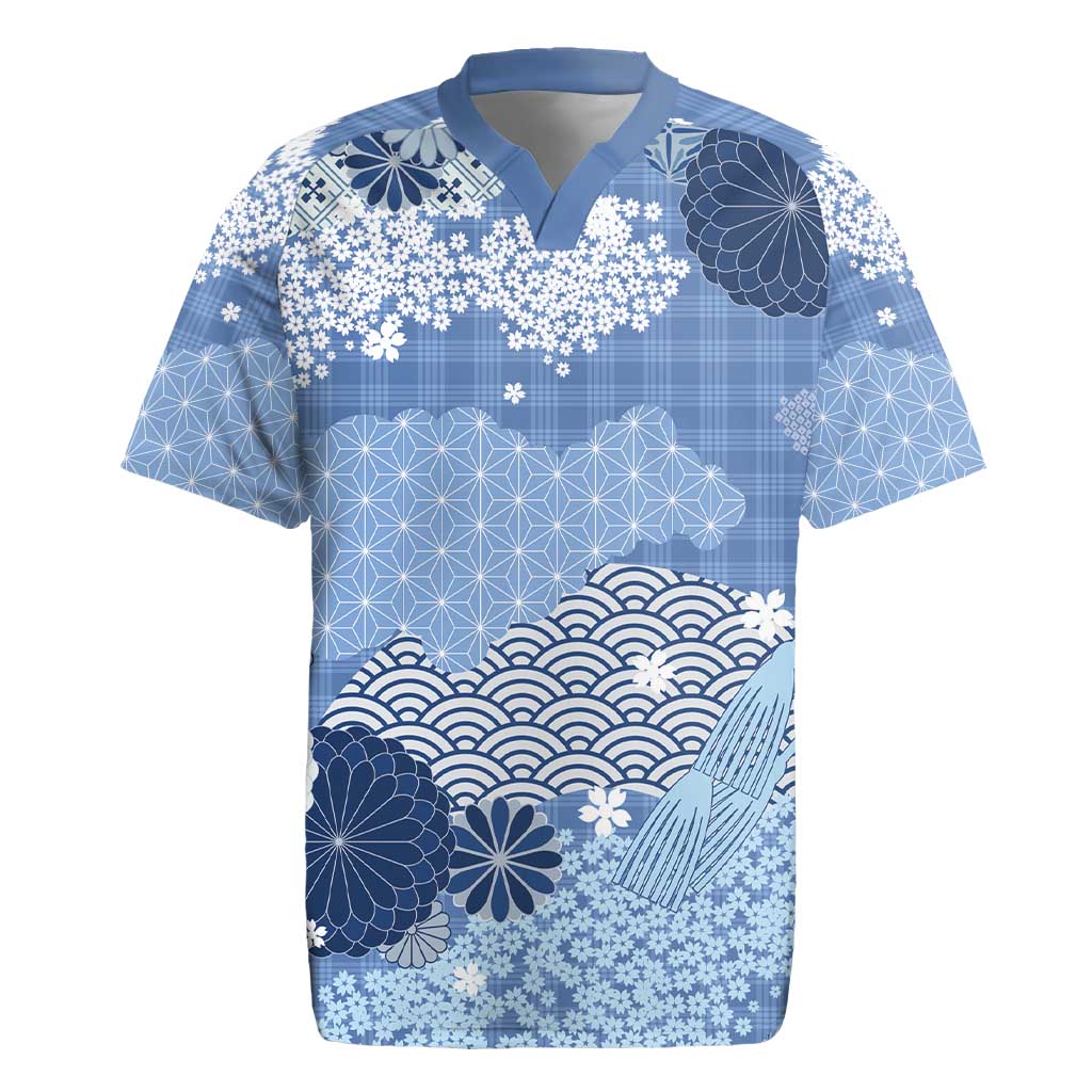 Blue Palaka Japanese Patterns Rugby Jersey Asanoha Seigaiha Sakura Motif LT14 Blue - Polynesian Pride