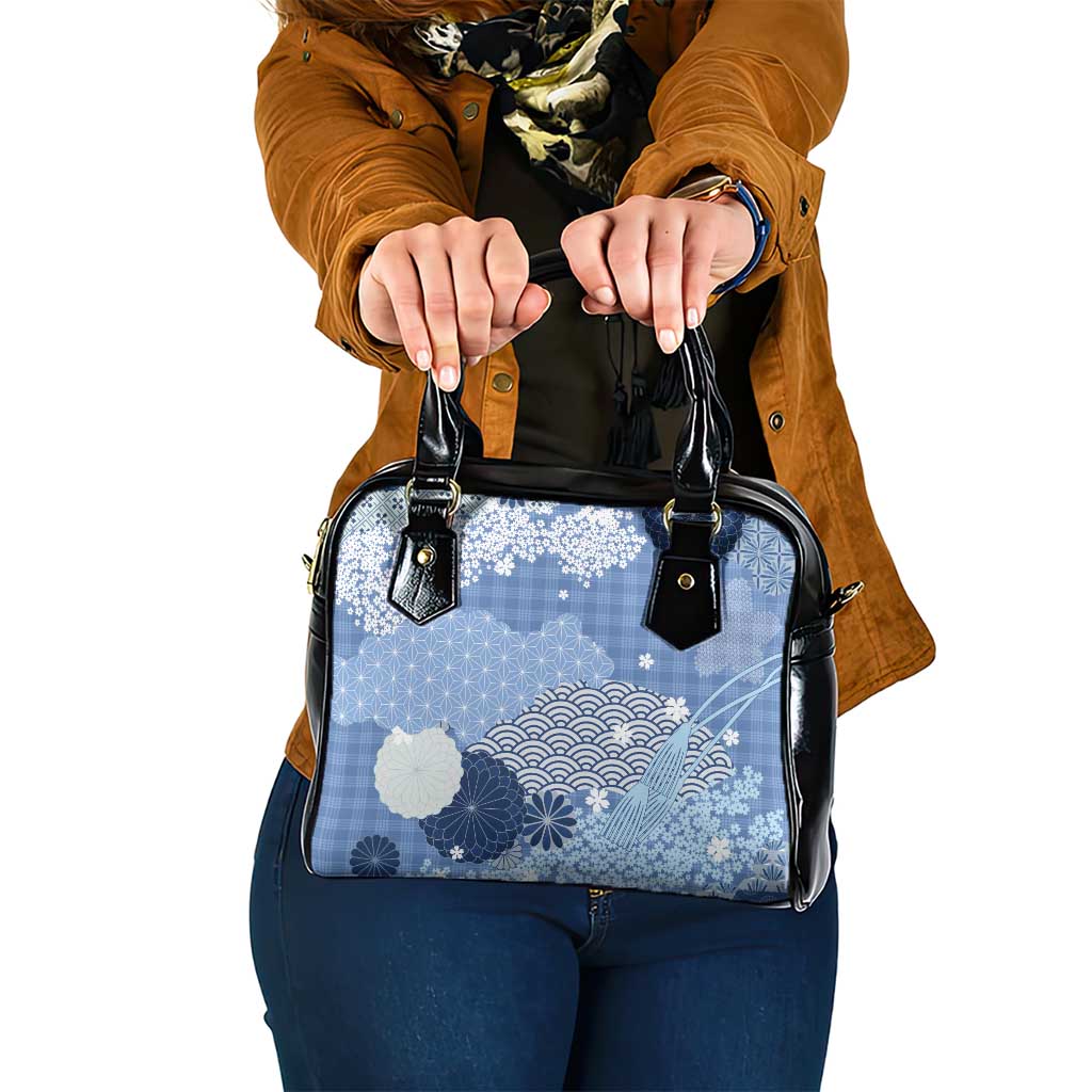 Blue Palaka Japanese Patterns Shoulder Handbag Asanoha Seigaiha Sakura Motif - Polynesian Pride