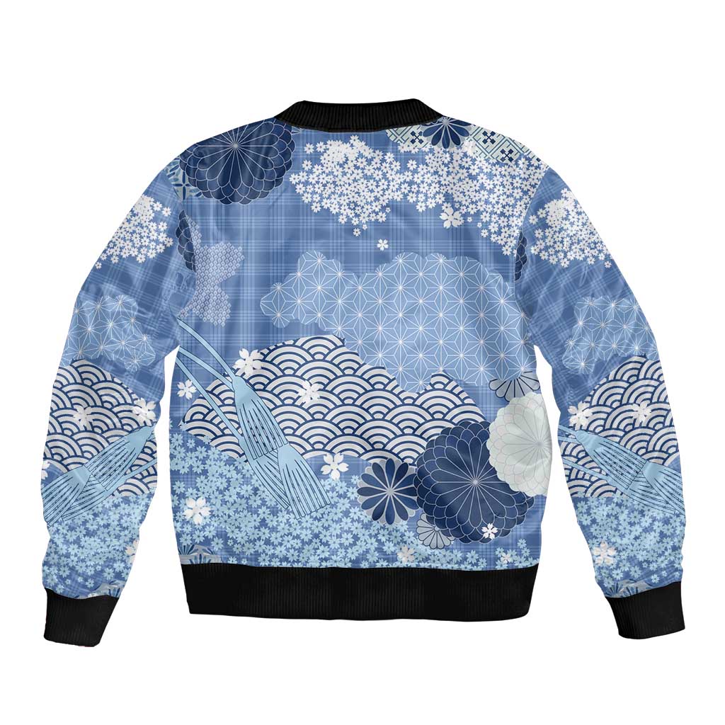 Blue Palaka Japanese Patterns Sleeve Zip Bomber Jacket Asanoha Seigaiha Sakura Motif - Polynesian Pride