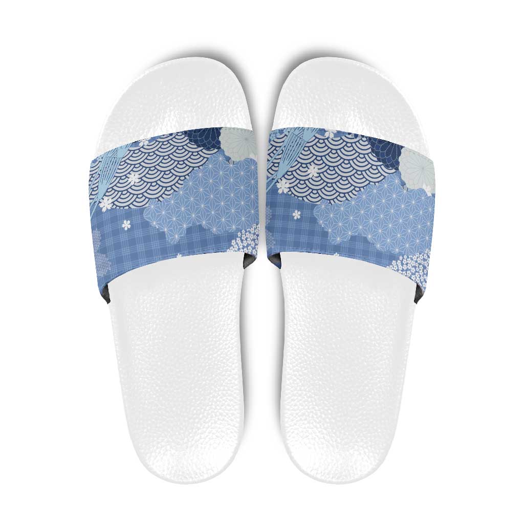 Blue Palaka Japanese Patterns Slide Sandals Asanoha Seigaiha Sakura Motif LT14 Blue - Polynesian Pride