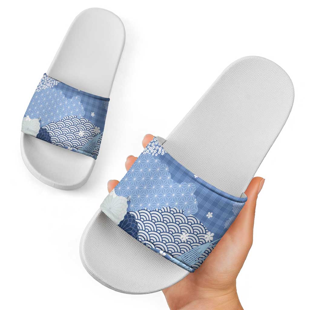 Blue Palaka Japanese Patterns Slide Sandals Asanoha Seigaiha Sakura Motif LT14 - Polynesian Pride